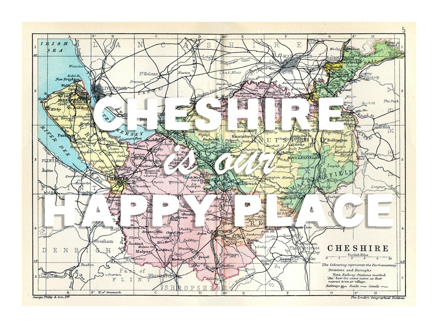 Personalised Vintage Map Print | Custom Location Poster | Favourite Place Art | White Font Personalised Vintage Map Print | Custom Location Poster | Favourite Place Art | White Font -Beach House Art chesh our hp wh low