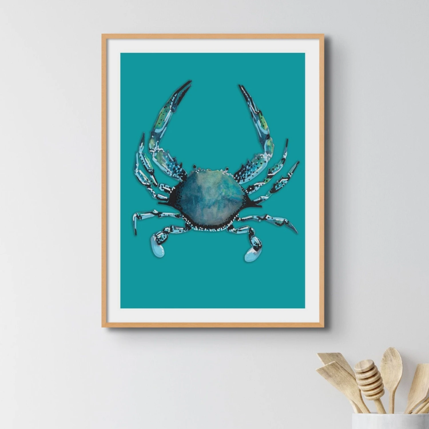 Crab Print | Colourful Kitchen Wall Art | Crab Painting on Blue Background - Unframed Crab Print | Colourful Kitchen Wall Art | Crab Painting On Blue Background - Unframed -Beach House Art crabteal