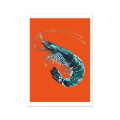 Prawn Print | Shellfish Kitchen Wall Art | Prawn Painting On Orange Background - Unframed