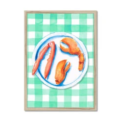 Lobster Painting On Green Gingham | Kitchen Wall Art - Framed
