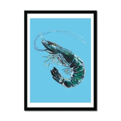 Prawn Art Print | Shellfish Kitchen Wall Art | Prawn Painting On Blue Background - Framed