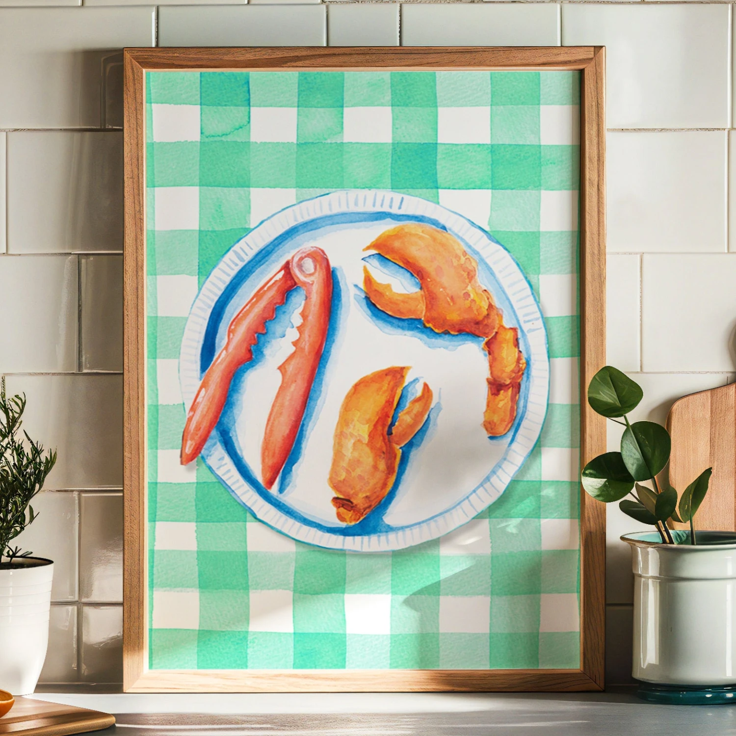 Lobster Painting on Green Gingham | Kitchen Wall Art - Unframed Lobster Painting On Green Gingham | Kitchen Wall Art - Unframed -Beach House Art green ck 1