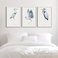 Heron Dancing Print | Vintage Bird Art - Framed -Beach House Art heronartprintsabovewhitebed