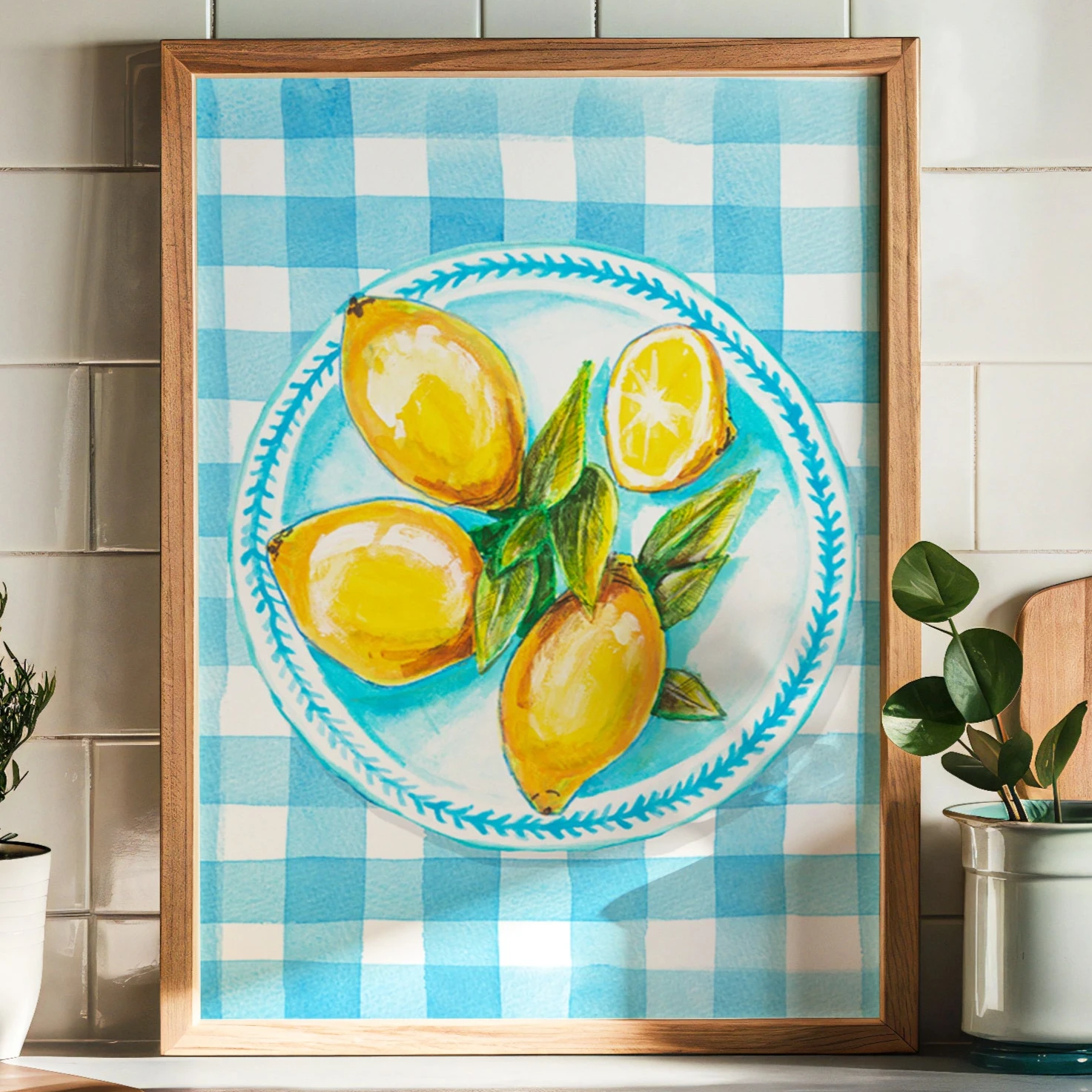 Lemon Painting on Blue Gingham | Kitchen Wall Art - Unframed Lemon Painting On Blue Gingham | Kitchen Wall Art - Unframed -Beach House Art lemon painting on blue gingham tablecloth kitchen wall art