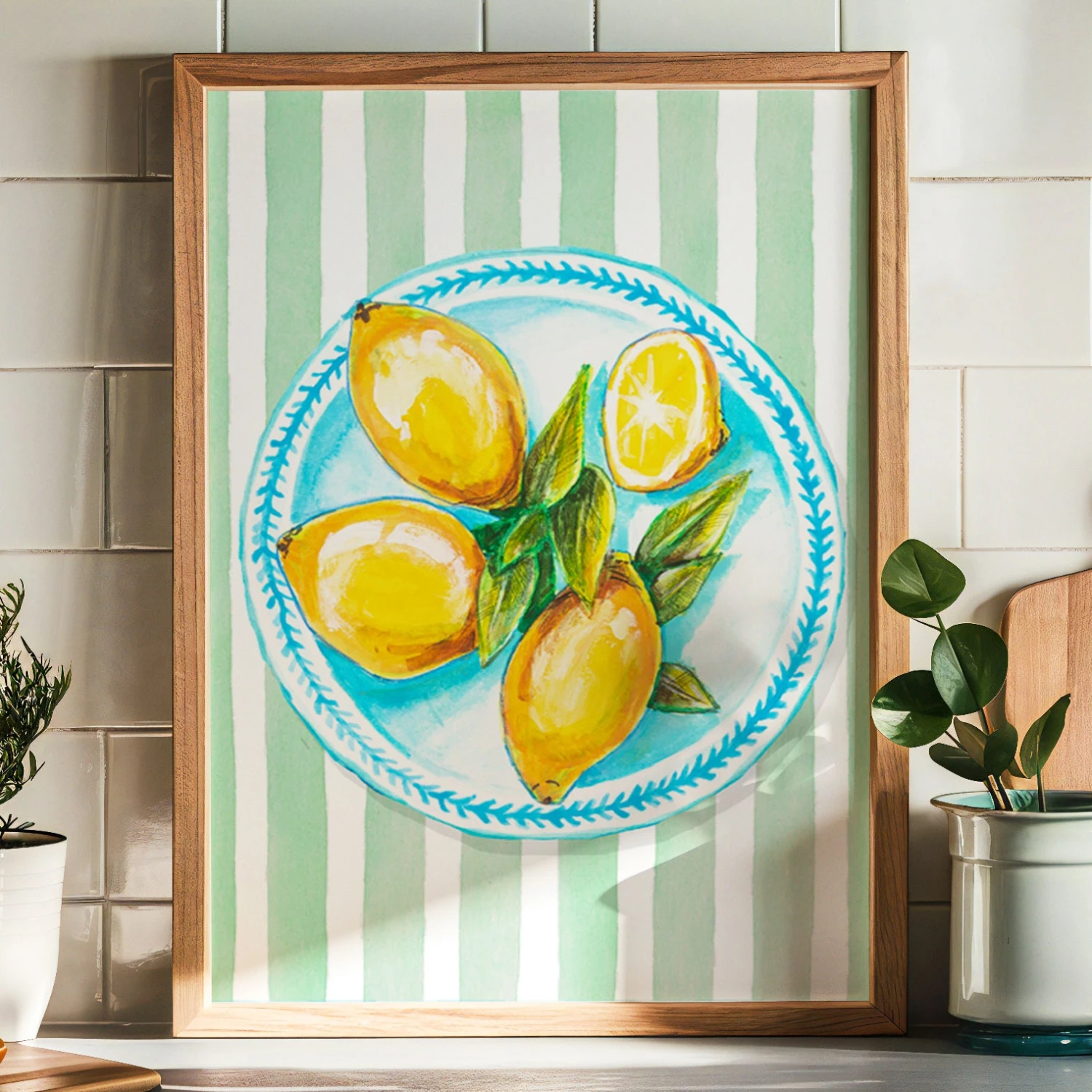 Lemon Painting on Green Stripe | Kitchen Wall Art - Framed Lemon Painting On Green Stripe | Kitchen Wall Art - Framed -Beach House Art lemon painting on green stripe tablecloth kitchen wall art