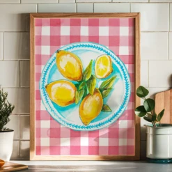 Beach House Art -Beach House Art lemon painting on red gingham tablecloth kitchen wall art