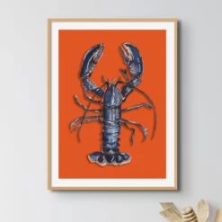 Lobster Painting | Shellfish Kitchen Wall Art | Lobster Print On Orange Background - Unframed 3 Lobster Painting | Shellfish Kitchen Wall Art | Lobster Print On Orange Background - Unframed -Beach House Art lobsterorange