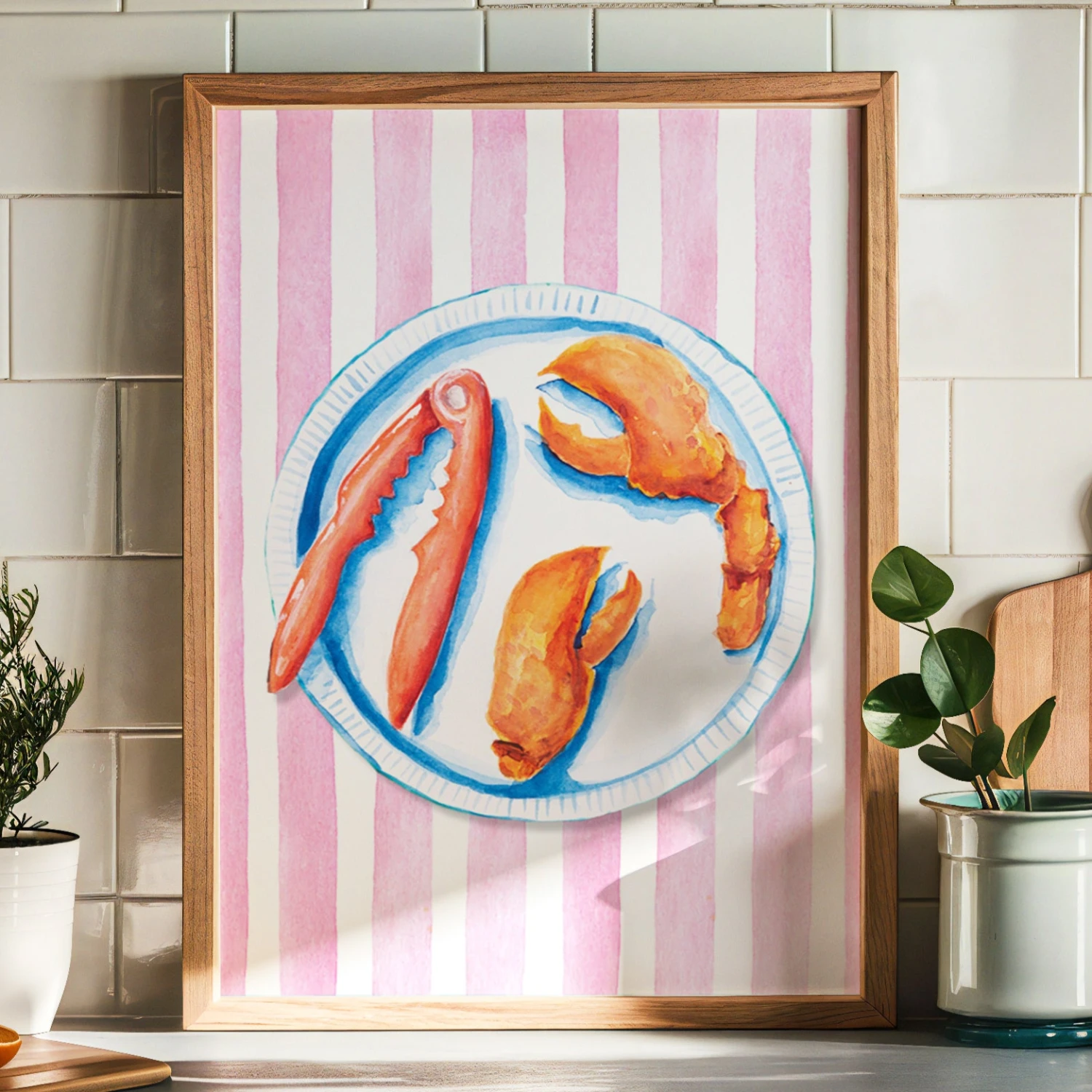Lobster Painting on Red Pink Stripe | Kitchen Wall Art - Unframed Lobster Painting On Red Pink Stripe | Kitchen Wall Art - Unframed -Beach House Art red stripe