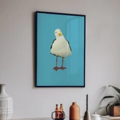 Seagull Painting | Bird Art Print - Unframed -Beach House Art seagull painting in black frame seagull art print above table