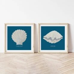 Hand-painted Clam Shell Art Print | Marine Blue Background - Unframed 6 Hand-painted Clam Shell Art Print | Marine Blue Background - Unframed -Beach House Art set 2 scallop clam