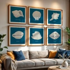 Hand-painted Scallop Shell Art Print | Marine Blue Background - Unframed 5 Hand-painted Scallop Shell Art Print | Marine Blue Background - Unframed -Beach House Art set 6 marine 3