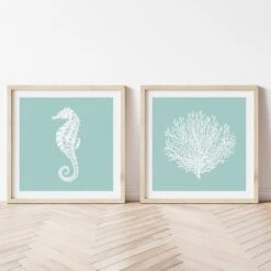 Coral Print | Graphic Coral Art Print | Aqua Blue - Unframed -Beach House Art set of 2 Aqua seahorse coral