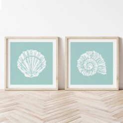 Spiral Shell Print | Graphic Shell Art Print | Aqua Blue - Unframed -Beach House Art set of 2 aqua shells