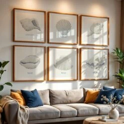 Hand-painted Scallop Shell Art Print | Natural Background - Framed -Beach House Art set of 6 natural 7