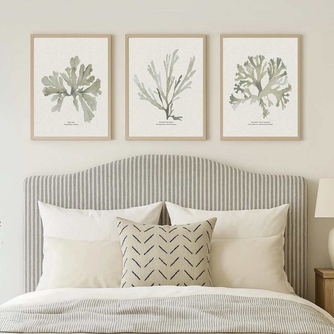 Set of Three Green Seaweed Prints - Framed Set Of Three Green Seaweed Prints - Framed -Beach House Art set of green seaweed above bed Sq