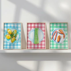 Lobster Painting On Green Gingham | Kitchen Wall Art - Unframed 4 Lobster Painting On Green Gingham | Kitchen Wall Art - Unframed -Beach House Art set of three colourful kitchen wall art prints 3