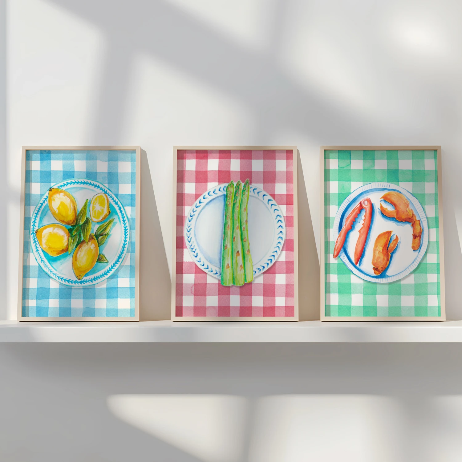 Lobster Painting on Green Gingham | Kitchen Wall Art - Unframed Lobster Painting On Green Gingham | Kitchen Wall Art - Unframed -Beach House Art set of three colourful kitchen wall art prints 3 scaled
