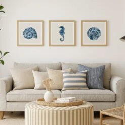 Indigo Seahorse Print | Seahorse Wall Art - Unframed -Beach House Art set of three indigo shells seahorse art prints