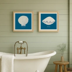 Hand-painted Scallop Shell Art Print | Marine Blue Background - Unframed 4 Hand-painted Scallop Shell Art Print | Marine Blue Background - Unframed -Beach House Art set of two shell prints in bathroom blue background Sq 1