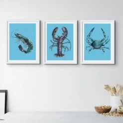 Prawn Art Print | Shellfish Kitchen Wall Art | Prawn Painting On Blue Background - Unframed -Beach House Art shellfishbluex3 759bb6a0 5051 4b95 a03a e505133b94a7