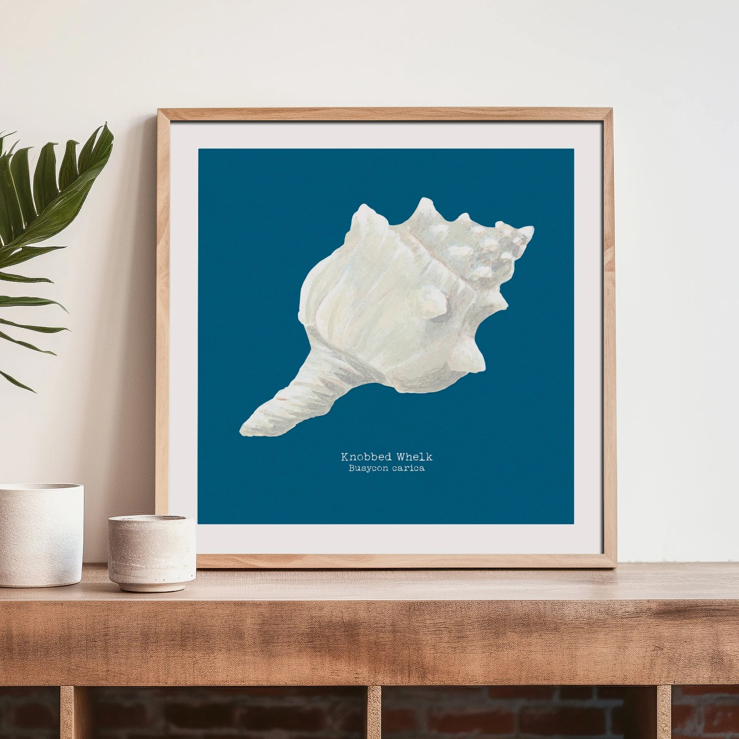 Hand-painted Whelk Shell Art Print | Marine Blue Background - Unframed Hand-painted Whelk Shell Art Print | Marine Blue Background - Unframed -Beach House Art whelk